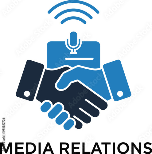 Media relations handshake with microphone icon for press networking and journalism partnership business agreement.