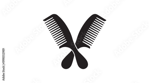 Comb and brush icon with black hair comb lines and salon style silhouette on clean white background featuring hairbrush, grooming, personal care with