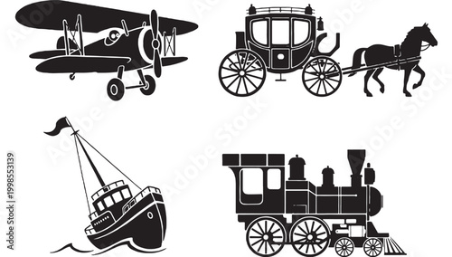 Carriage, steamboat, and blimp silhouettes set with vintage transport elements on white background for travel themed designs
