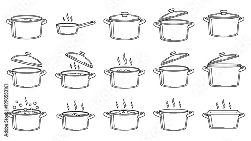Cooking pot icon set with steam, boiling water, and lid variations for kitchen and recipe graphics featuring simmer, stove, kitchenware with cookware
