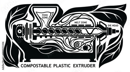 Conceptual illustration of an eco-friendly compostable plastic extruder, highlighting sustainable polymer production with organic design elements