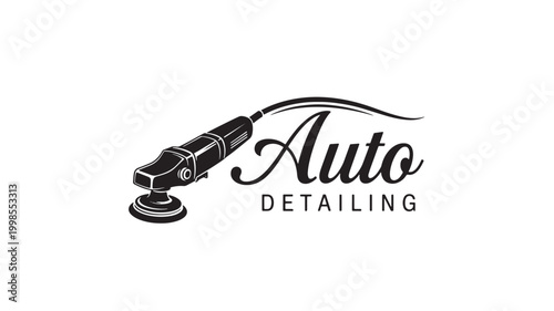 Sander tool logo with elegant script and DETALING lettering, premium retro style for auto detailing branding featuring sanding machine, surface
