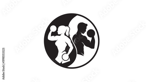 Fitness strength emblem with silhouette of boxer and weightlifter inside yin yang style circle icon featuring gym, training, bodybuilding with boxing