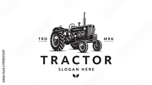 Tractor vintage line art logo with detailed engine wheels, TRD MRK text and slogan placeholder for brand identity featuring emblem, vehicle, farm