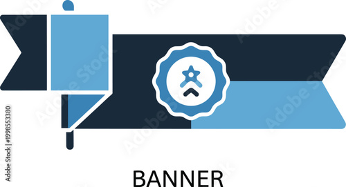 Ribbon banner and award medal icon for brand certification quality assurance and premium service recognition logo.