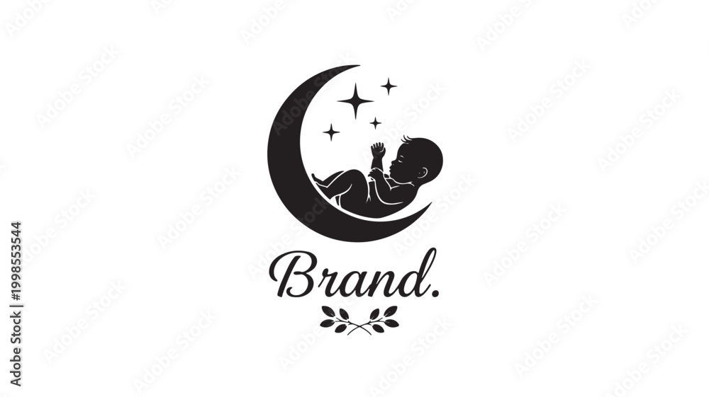 Naklejka premium Moon baby blessing logo with black curved crescent, smiling infant silhouette, sparkles, and premium brand script featuring night theme, nursery