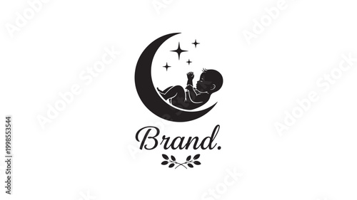 Moon baby blessing logo with black curved crescent, smiling infant silhouette, sparkles, and premium brand script featuring night theme, nursery