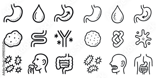 Medical icons with stomach droplet bacteria outline