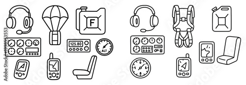 Aviation icons with headset parachute altimeter outline