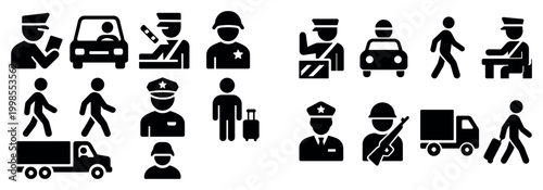 Security icons with officer car truck solid