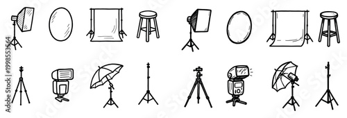 Photography icons with softbox backdrop stool outline