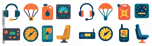 Aviation icons with headset parachute seat colorful