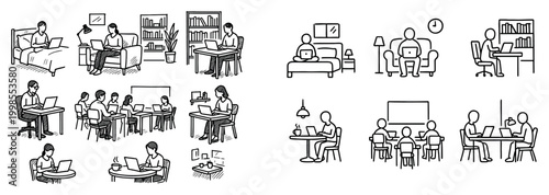 Home icons with laptop bed bookshelf outline