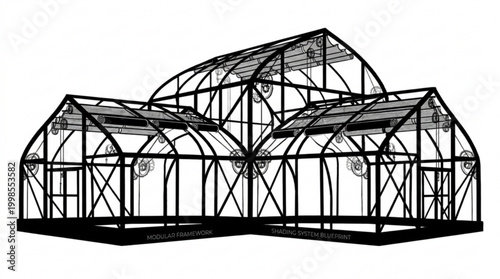 Detailed architectural illustration of a large multi-section greenhouse structure, meticulously designed for botanical research, plant cultivation, and year-round gardening