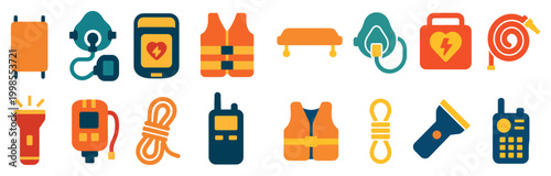 Safety icons with life vest defibrillator oxygen flat