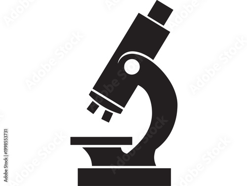 Microscope icon with black silhouette and clean white background for science education and laboratory research concept featuring lab, biology,