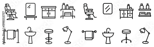 Beauty salon icons with barber chair mirror outline