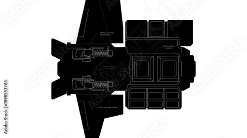 Futuristic spacecraft blueprint with intricate internal layout and external propulsion systems