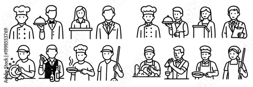 Hospitality icons with chef waiter tray outline