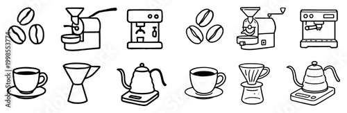 Coffee icons with grinder kettle and cup outline