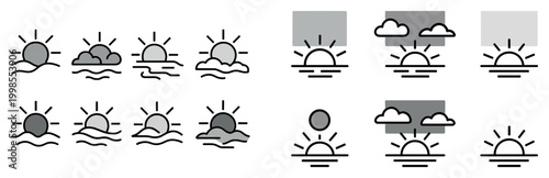 Sunrise icons with sun cloud wave flat minimal