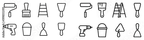 Paint icons with rollers brushes and ladders outline