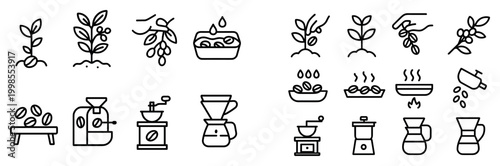 Coffee icons with plant grinder kettle outline