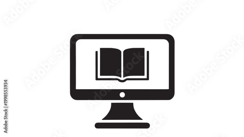 Monitor icon with open book symbol for education, reading, e-learning, and knowledge management concept featuring study, textbook, tutorial with