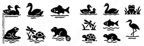 Wildlife icons with duck swan fish minimal