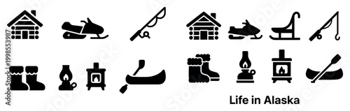 Alaskan life icons with cabin sled boot bold minimal