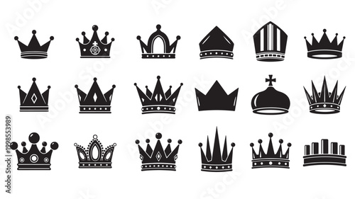 Crown icon set with bold black silhouettes, jewel details, and royal symbols for premium vector insignia designs featuring royalty, king, queen with