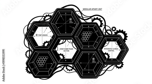 Futuristic Modular Apiary Unit Design for Smart Bee Colony Management, Showcasing Automated Beekeeping Technology and Integrated Environmental Control Systems