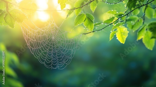 Spiderweb with dew drops illuminated by soft sunlight