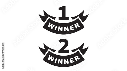 Trophy winner ribbon badge set with numbers 1 and 2 and bold bold typography on black curved banners featuring number 1, number 2, championship with