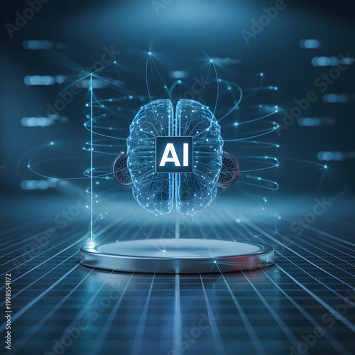 Artificial Intelligence Text with Digital Globe and Data Wave, Futuristic AI Technology Concept with Network Grid and Data Visualization for Machine Learning and Innovation Themes
