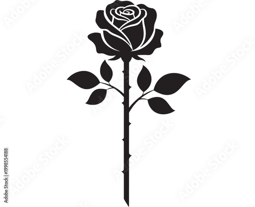 Rose flower silhouette icon with leaves and stem on white background for premium branding and tattoo style designs featuring vector, emblem,