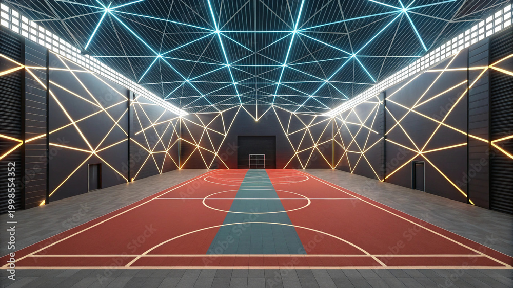 Fototapeta premium Modern futuristic indoor basketball court with geometric illuminated lighting design