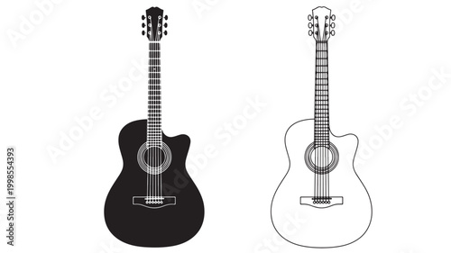 Guitar icons set with black and white silhouette vector style featuring detailed strings and headstock tuning pegs featuring line art, string