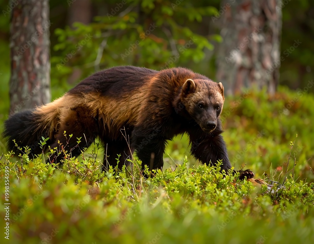 Fototapeta premium A wolverine, a medium-sized carnivore, prowls through dense green undergrowth in a boreal forest habitat, its fur blending