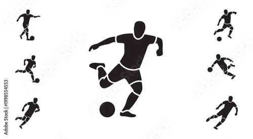 Soccer player silhouette set showing action poses on field.