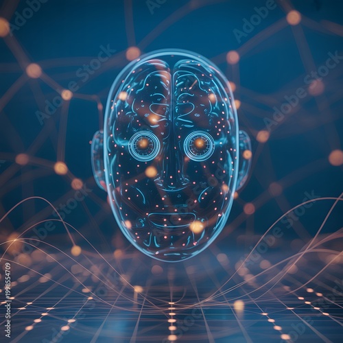 Artificial Intelligence Human Head with Digital Brain Interface, Futuristic Technology Concept with AI Visualization, Neural Network and Data Processing for Innovation and Smart Computing Design
