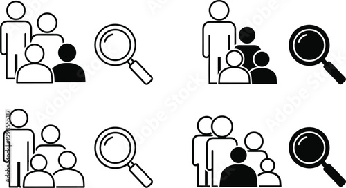 Audience research and target demographics icon set for market analysis with magnifying glass and human silhouettes.