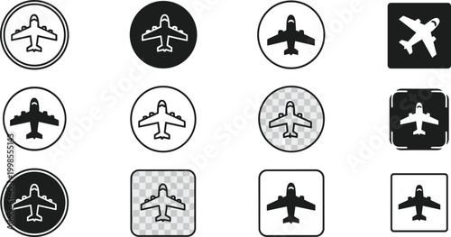 Airplane travel icon collection with various circle and square frame styles for aviation and transport projects.
