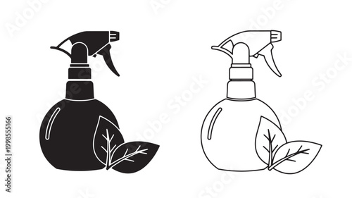 Spray bottle icon set with plant leaves, eco cleaning symbols, and pump trigger atomizer illustration in black and white