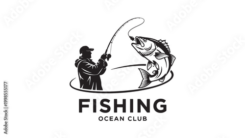 Fishing logo with fisherman casting line and large fish catch, ocean club badge style for premium outdoor branding featuring angler, marine, sea with