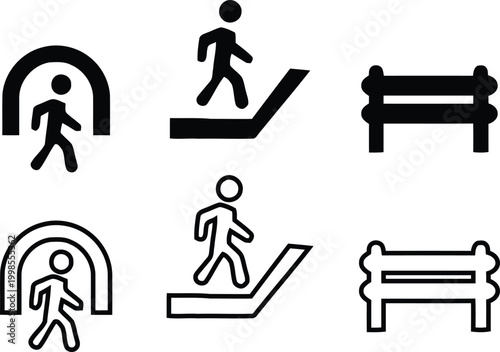 Public transportation icons silhouette of people using escalators and walkways