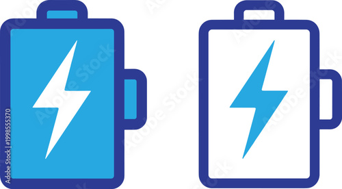 Blue battery energy icon set showing full charge and empty levels with lightning bolt symbol on checkered background.