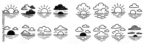 Weather icons with cloud sun and horizon outline