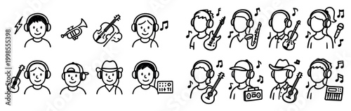 Music icons with headphones guitar and trumpet outline