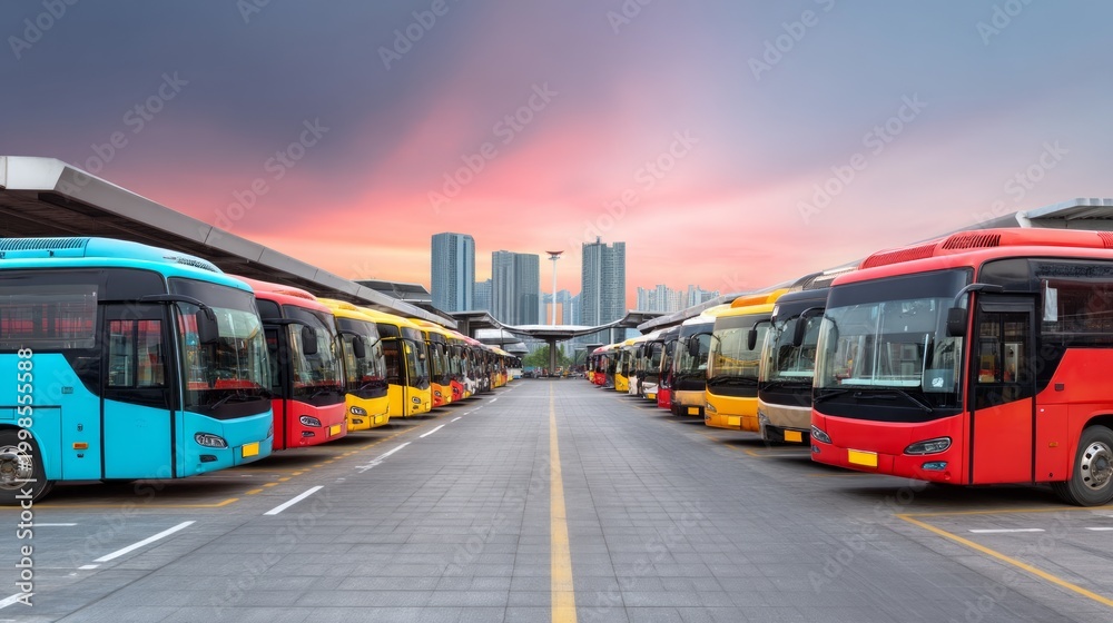 Fototapeta premium Organized Terminal Depot with Multiple Buses Parked in Clear Rows